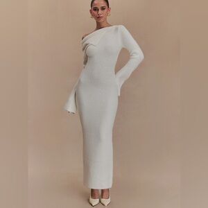 Magenta One Shoulder Fluffy Knit Midi Dress - Ivory